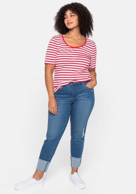 Sheego T-Shirt Mit Streifen Und Rundhalsausschnitt - Mohnrot-weiß Sheego