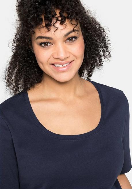 Sheego T-Shirt Mit Tiefem Ausschnitt Und Längerem Ärmel - Marine Sheego