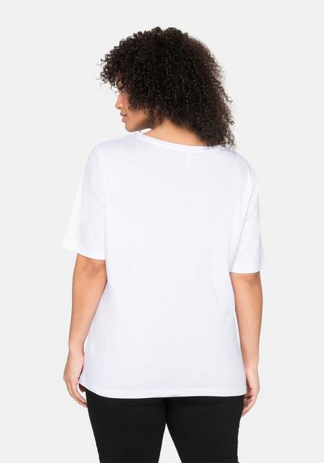 Sheego T-Shirt Mit Tiefem Ausschnitt Und Längerem Ärmel - Weiß Sheego
