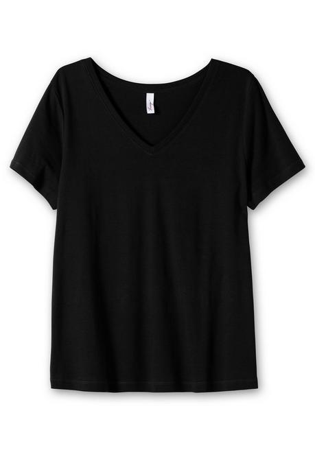Sheego T-Shirt Mit V-Ausschnitt, In Rippqualität - Schwarz Sheego