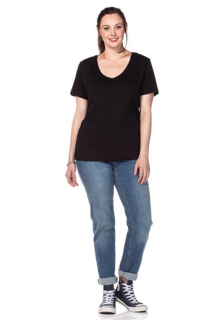 Sheego T-Shirt Mit V-Ausschnitt, In Rippqualität - Schwarz Sheego