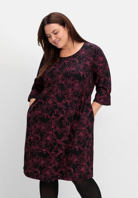 Sheego Tailliertes Shirtkleid Mit 3/4-Arm Und Floralem Print - Schwarz Gemustert Sheego