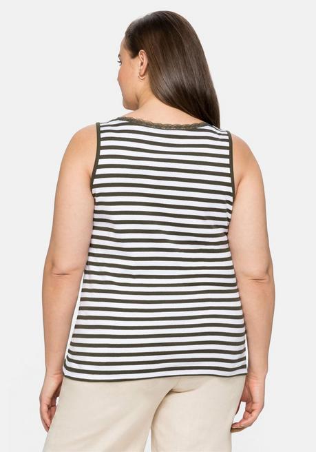 Sheego Tanktop Mit Ringeln Und Spitze Am Ausschnitt - Dunkeloliv Sheego