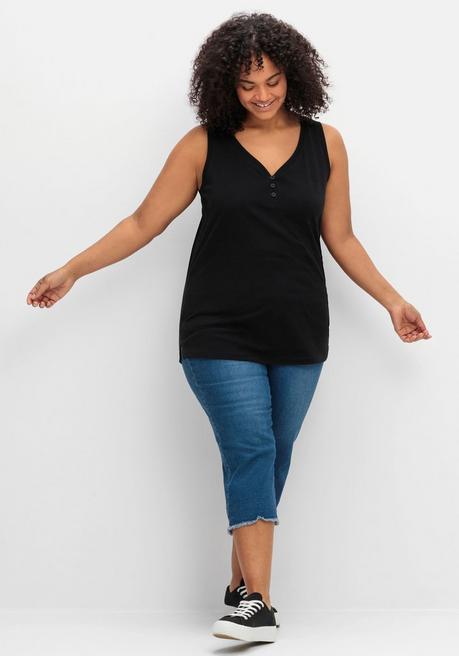 Sheego Tanktop Mit V-Ausschnitt Und Zierknopfleiste - Schwarz Sheego