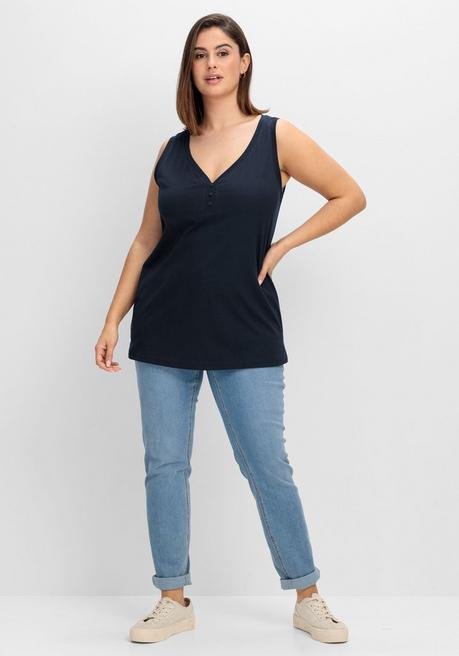 Sheego Tanktop Mit V-Ausschnitt Und Zierknopfleiste - Tiefblau Sheego