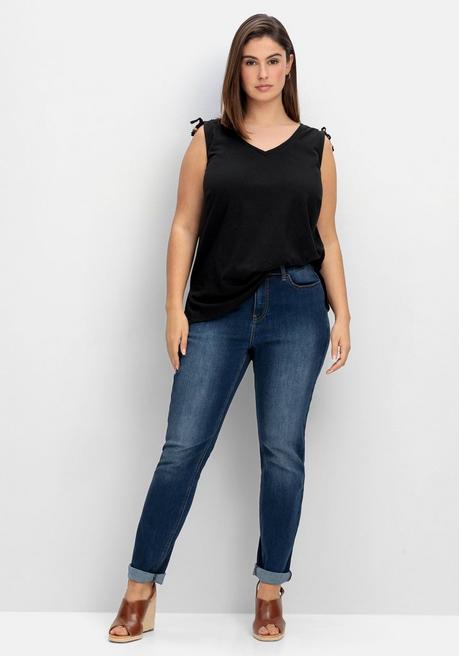 Sheego Top Im Leinen-Mix Mit Bindeband An Den Schultern - Schwarz Sheego