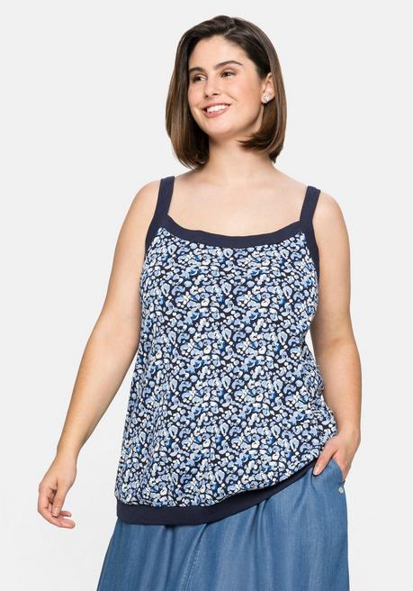 sheego Top mit Alloverdruck und Saumbündchen - mittelblau bedruckt sheego