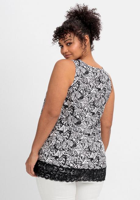Sheego Top Mit Schmetterlingsprint Und Spitzensaum - Schwarz Gemustert Sheego