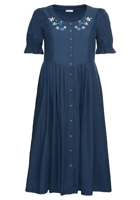Sheego Trachtenkleid In Leinen-Optik, Mit Blütenstickerei - Blau Sheego