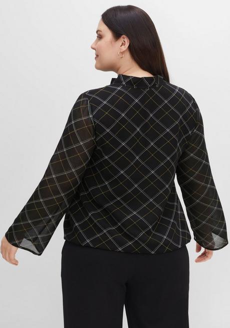 Sheego Tunika Aus Chiffon, Mit Stehkragen Und Bindeband, Kariert - Schwarz Gemustert Sheego