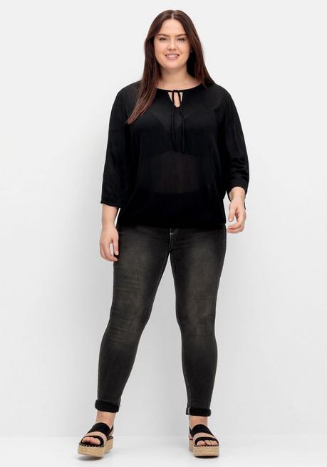 Sheego Tunika Aus Crêpe, Mit Bindeband Am Ausschnitt - Schwarz Sheego