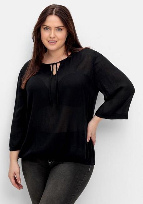 sheego Tunika aus Crêpe, mit Bindeband am Ausschnitt - schwarz sheego