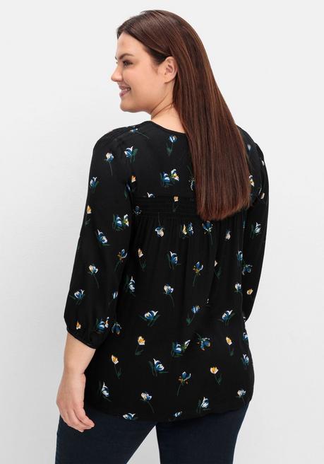 Sheego Tunika In A-Linie Mit Blumenprint Und Smokdetails - Schwarz Gemustert Sheego