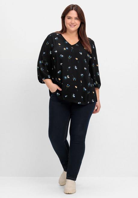 Sheego Tunika In A-Linie Mit Blumenprint Und Smokdetails - Schwarz Gemustert Sheego