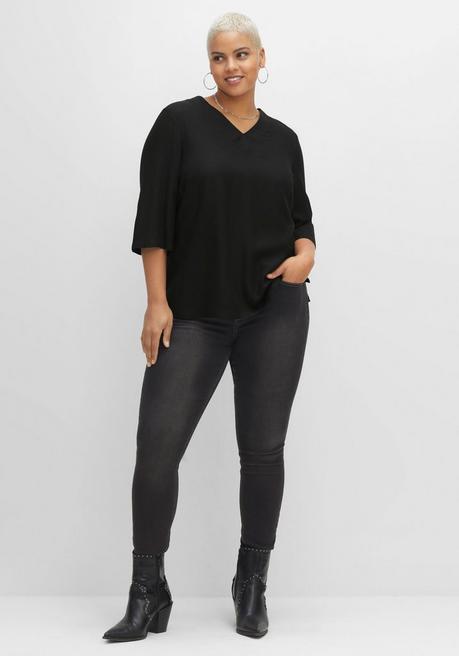 Sheego Tunika Mit 3/4-Ärmeln Und V-Ausschnitt - Schwarz Sheego