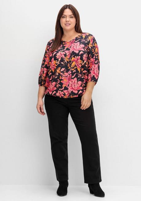 Sheego Tunika Mit Blumendruck Und Saum-Gummibund - Schwarz Gemustert Sheego