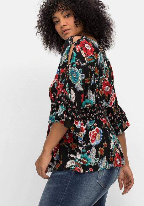 Sheego By Joe Browns Tunika Mit Cut-outs, Smokbund Und Blumenprint - Schwarz Gemustert Sheego