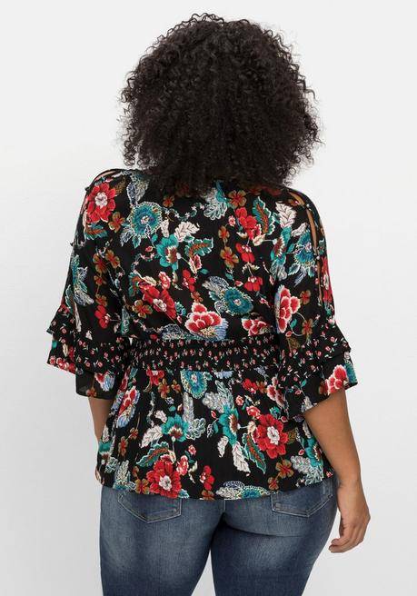 Sheego By Joe Browns Tunika Mit Cut-outs, Smokbund Und Blumenprint - Schwarz Gemustert Sheego