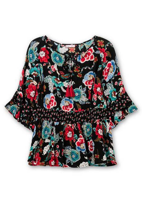 Sheego By Joe Browns Tunika Mit Cut-outs, Smokbund Und Blumenprint - Schwarz Gemustert Sheego