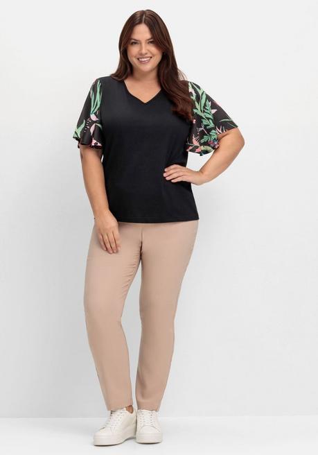 Sheego Tunika Mit Flügelärmeln Im Blumendruck - Schwarz Gestreift Sheego