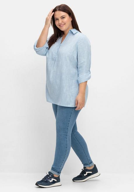 Sheego Tunika Mit Krempelärmeln, In Leinenoptik - Blau Sheego