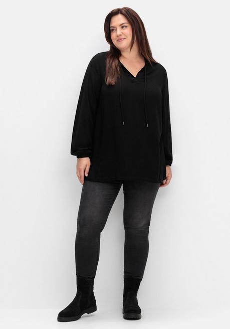 Sheego Tunika Mit V-Schlitz, Rüsche Und Bindeband - Schwarz Sheego