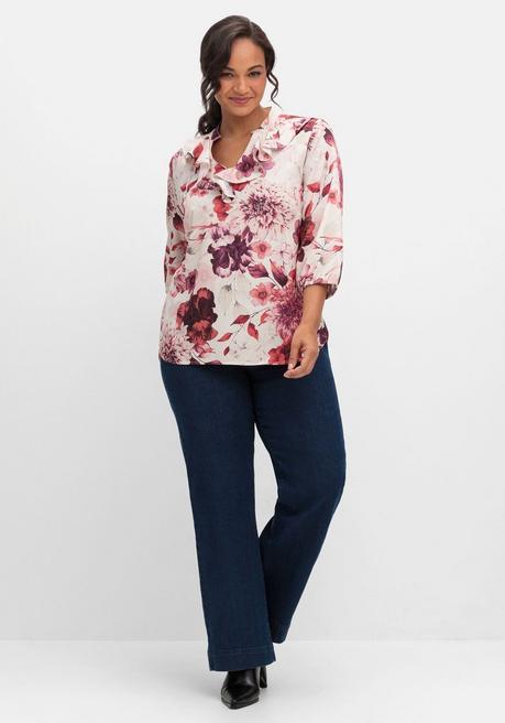 Sheego Tunika Mit Volant Am Ausschnitt Und Blütenprint - Beere Gemustert Sheego