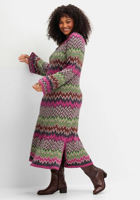 Sheego By Joe Browns Wadenlanges Strickkleid Im Zickzack-Muster - Beere Gemustert Sheego