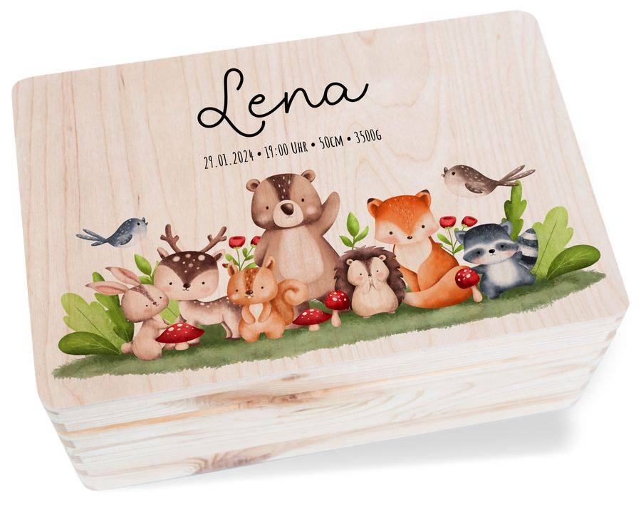 Shirtracer Baby Erinnerungsbox Waldtiere Holzkiste zur Geburt Personalisiert mit Name Dat Shirtracer