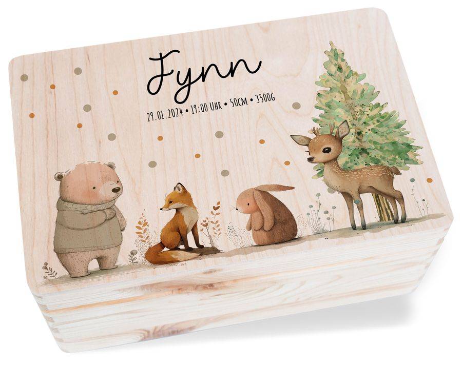 Shirtracer Baby Geschenk Erinnerungsbox Waldtiere Holzkiste zur Geburt Personalisiert mit Shirtracer