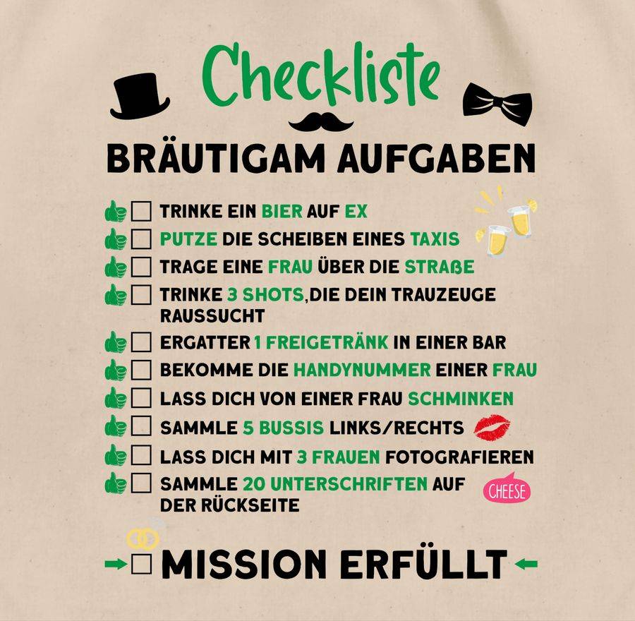 Shirtracer Checkliste Bräutigam Aufgaben JGA: Tshirt Rucksack Shirtracer
