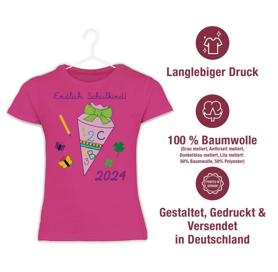 Shirtracer Endlich Schulkind 2024 Mädchen: T-Shirt Turnbeutel Shirtracer