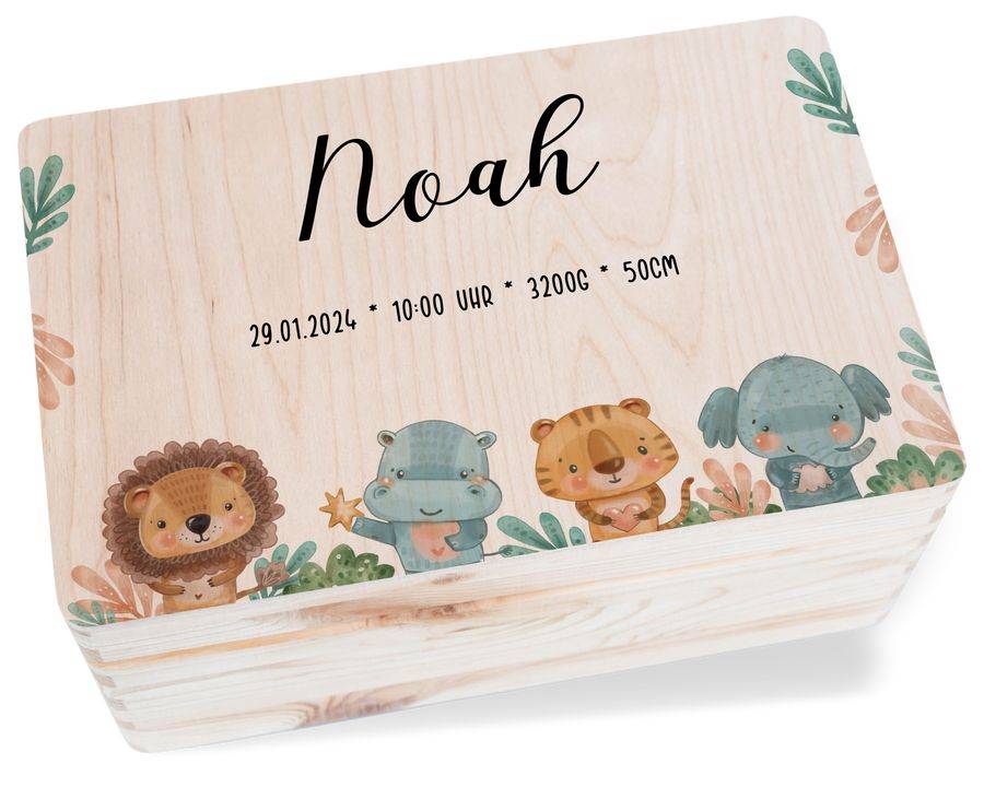 Shirtracer Erinnerungsbox Baby personalisiert Erinnerungsbox für Babys Tiere Löwe Nilpferd Tiger Elefant Shirtracer
