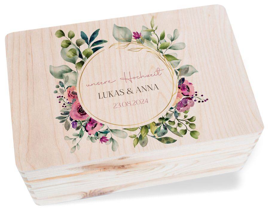 Shirtracer Erinnerungsbox Unsere Hochzeit mit Blumenkranz personalisiert Geschenke zur Hochzeit Shirtracer