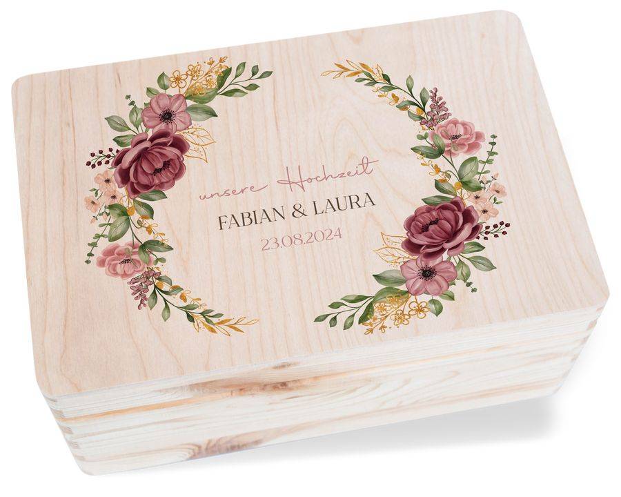 Shirtracer Erinnerungsbox Unsere Hochzeit Mit Rosen Blumenkranz Personalisiert Hochzeitsgeschenke Shirtracer