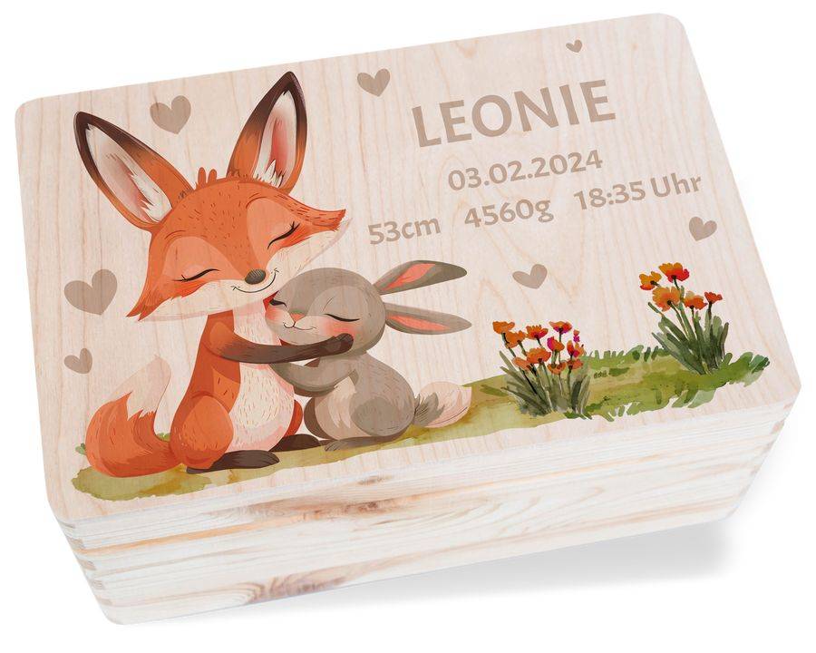 Shirtracer Erinnerungsbox zur Geburt Personalisiert mit Fuchs Hase Waldtiere Baby Holzkis Shirtracer