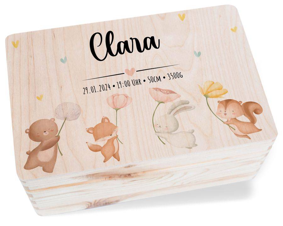 Shirtracer Erinnerungskiste Baby Personalisiert Erinnerungsbox Baby Erinnerungen Waldtiere Bär Fuchs Hase Eichhörnchen Shirtracer