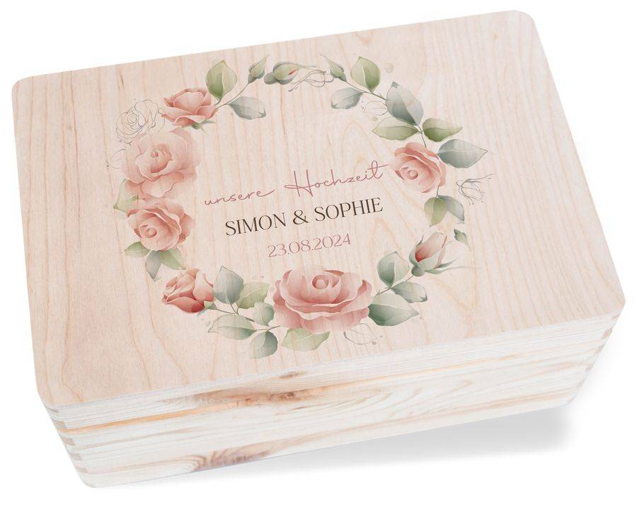 Shirtracer Erinnerungskiste Unsere Hochzeit mit Rosen Blumenkranz Personalisiert Geldgeschenk Hochzeitskiste Erinnerungen Hochzeit Shirtracer