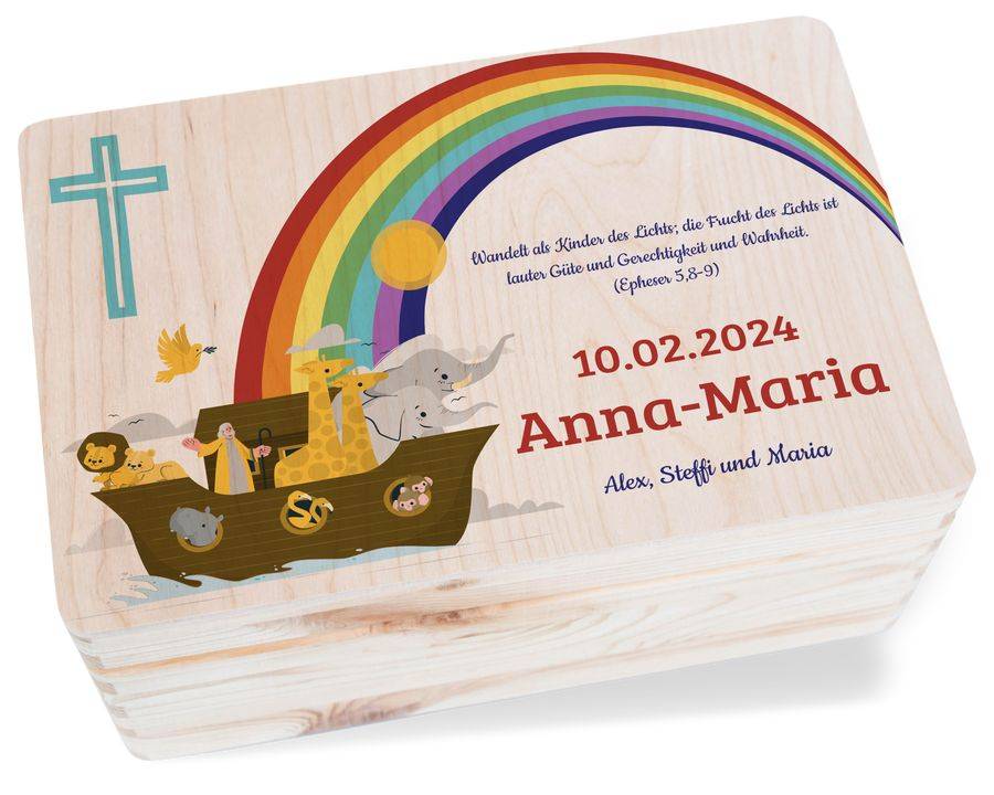 Shirtracer Erinnerungskiste zur Taufe Arche Noah mit Tieren Personalisierte Erinnerungskiste Taufe Taufgeschenk Shirtracer