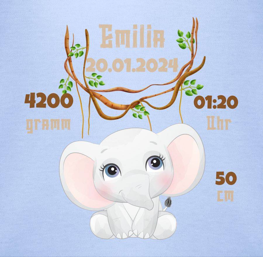 Shirtracer Geburtsgeschenk Elefant Datum Gewicht Uhrzeit Größe: Tshirt Turnbeutel Shirtracer