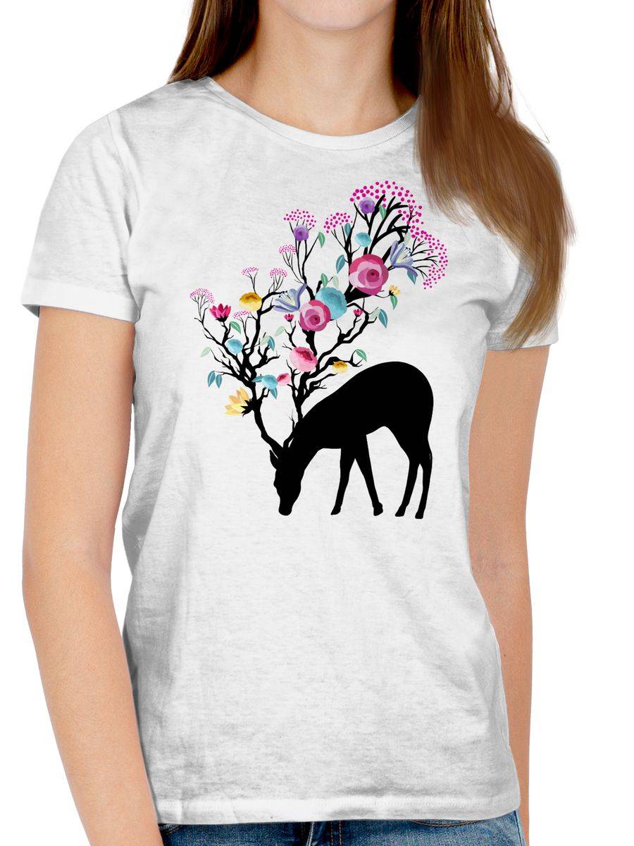 Shirtracer Hirsch Bunte Blumen Schwarz Shirts & Mehr Shirtracer