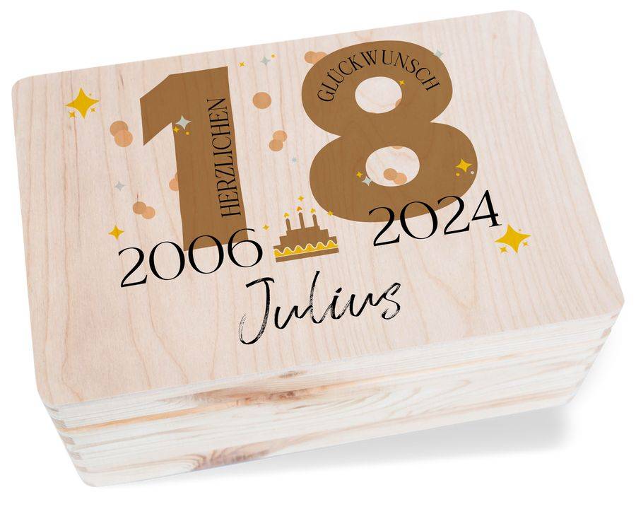 Shirtracer Holzkiste zum 18. Geburtstag – Geschenkbox mit Namen für Männer & Frauen Ideal für Geburtstagskarten zum 18ten, Geldgeschenke & persönliche Geschenke Geschenkverpackung für den 18. Geburtstag Shirtracer
