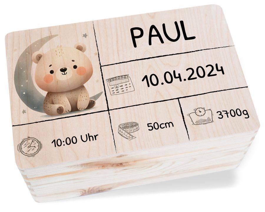 Shirtracer Holzkiste zur Geburt Baby Personalisierte mit Bär Baby Erinnerungsbox Geschenk zur Geburt Shirtracer