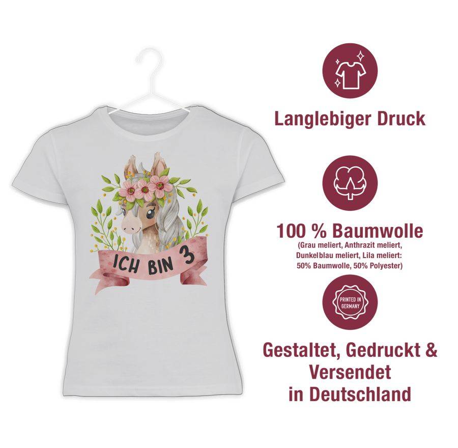 Shirtracer Ich Bin Drei Mit Süßem Pferd Mit Blumen: Tshirt Turnbeutel Shirtracer