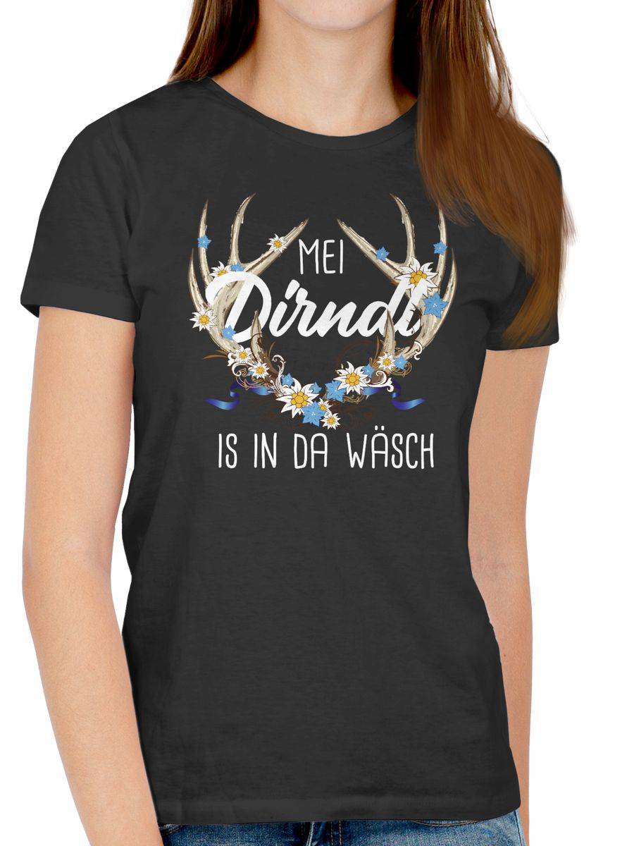 Shirtracer Mei Dirndl Is In Da Wäsch - Mit Hirschgeweih Edelweiß Und Weißem Schriftzug Sh Shirtracer