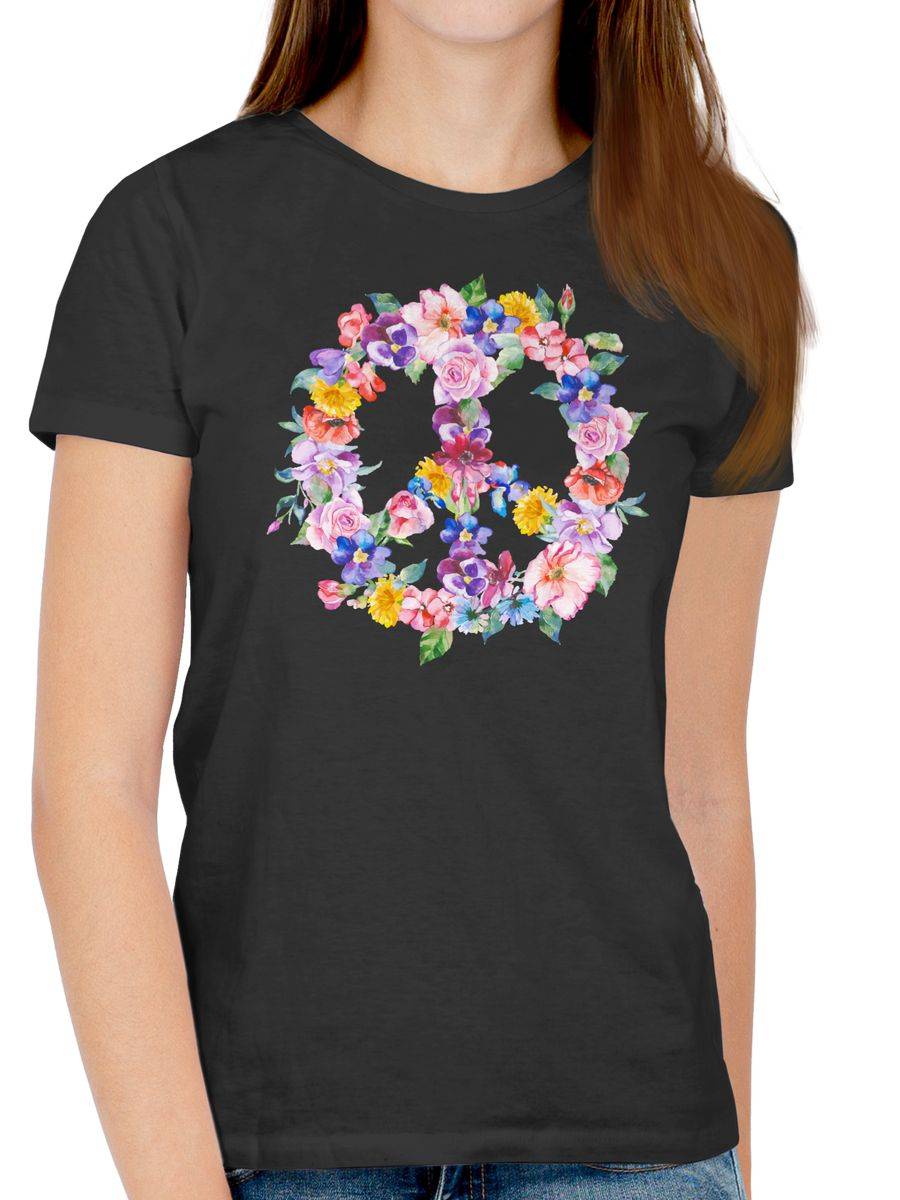 Shirtracer Peace Zeichen Mit Bunten Blumen: Tshirt Turnbeutel Shirtracer