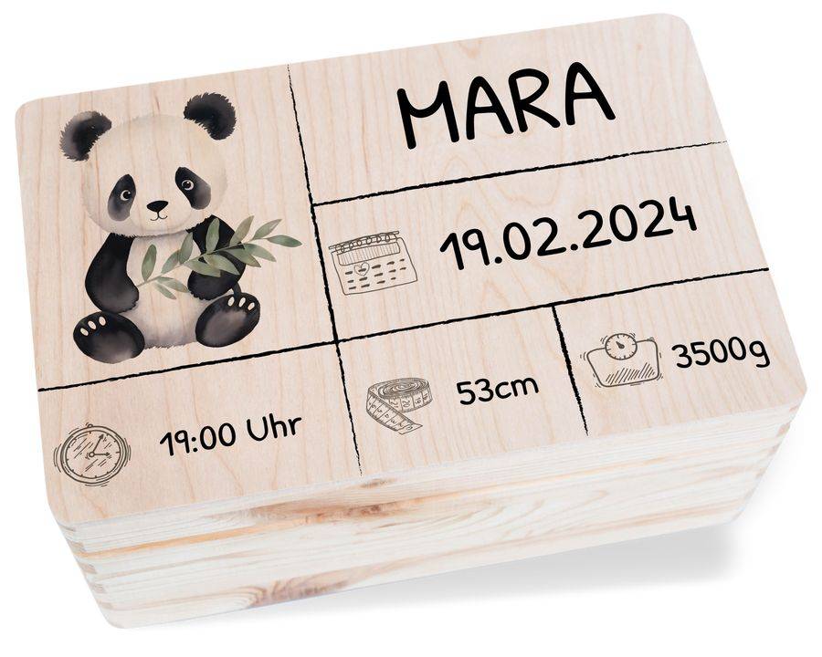 Shirtracer Personalisierte Erinnerungsbox Baby mit Pandabär Geschenk zur Geburt Holzkiste Erinnerungsboxen für Babys Shirtracer