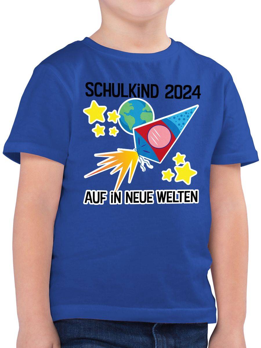 Shirtracer Schulkind 2024 Auf in neue Welten: Tshirt Turnbeutel Shirtracer