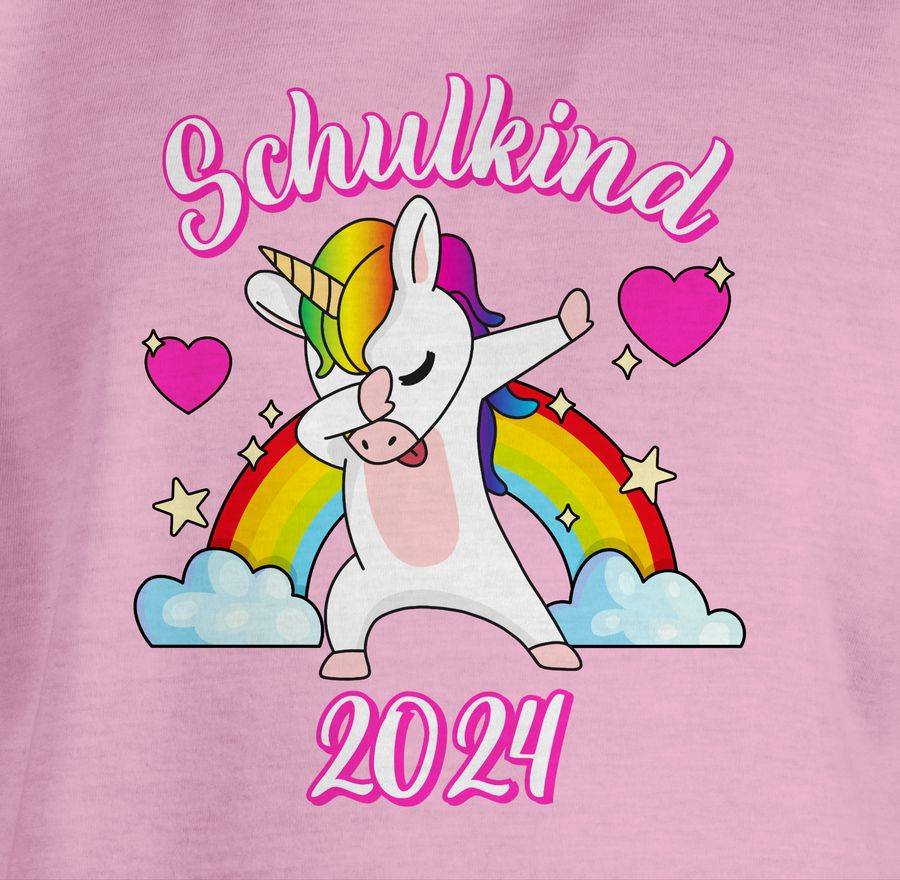 Shirtracer Schulkind 2024 Dabbendes Einhorn Regenbogen: T-Shirt Turnbeutel Shirtracer