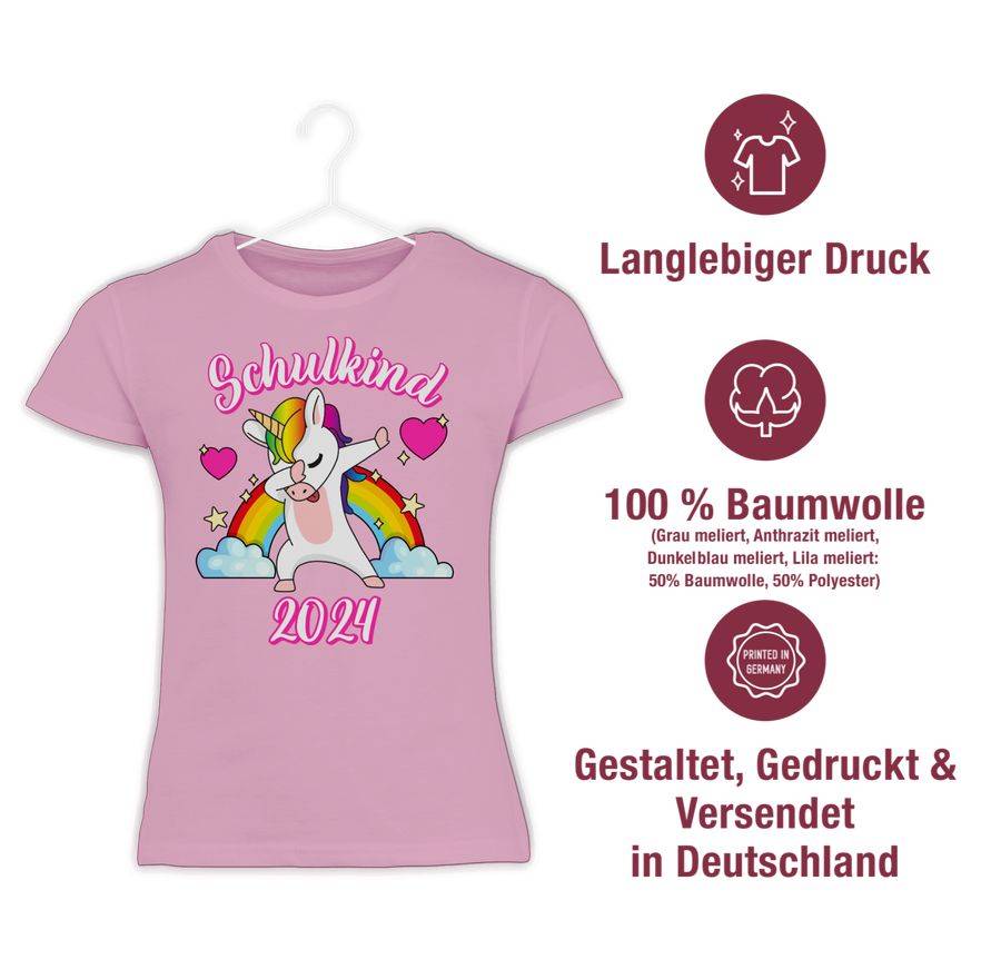 Shirtracer Schulkind 2024 Dabbendes Einhorn Regenbogen: T-Shirt Turnbeutel Shirtracer